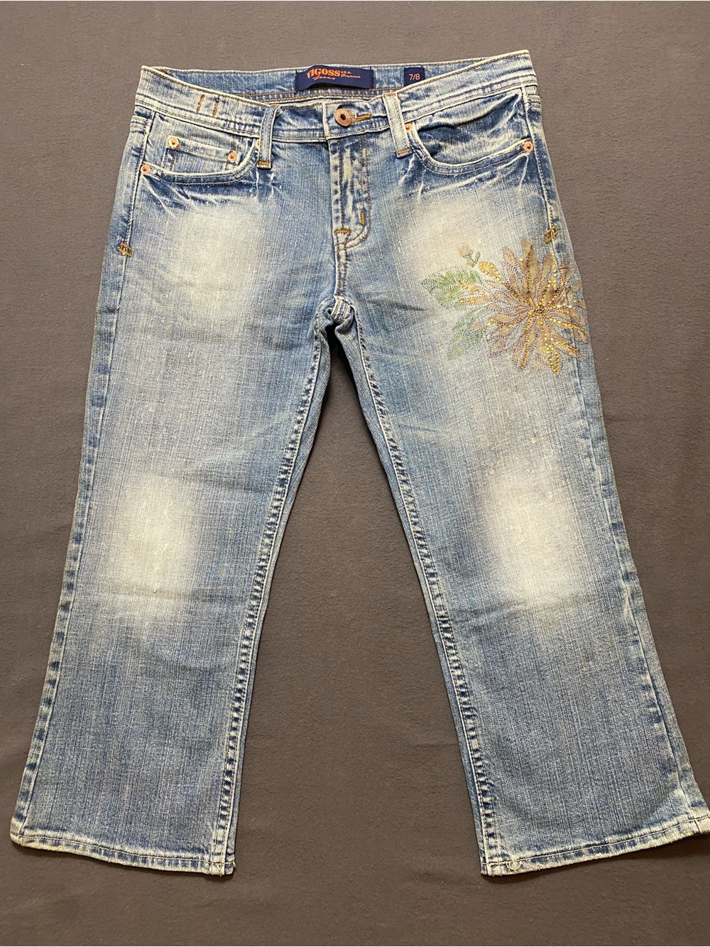 VIGOSS Premium Women’s Capri Bootcut Blue Light Wash Jeans Floral 7/8